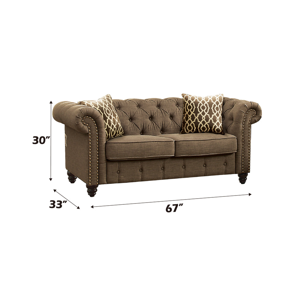 English Elm Aurelia Brown Linen Loveseat with 2 Accent Pillows, Button Tufted Chesterfield Arms, Nailhead Trim B2726P338683