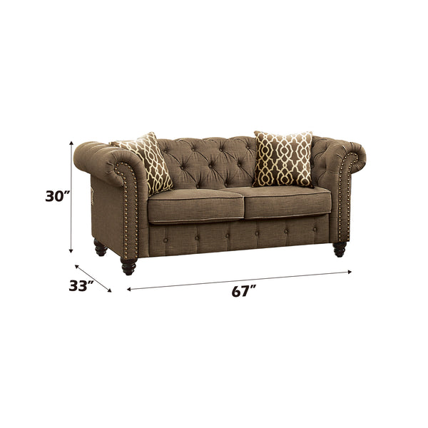 English Elm Aurelia Brown Linen Loveseat with 2 Accent Pillows, Button Tufted Chesterfield Arms, Nailhead Trim B2726P338683