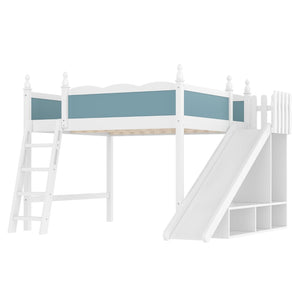 English Elm Queen Loft Bed With Storage Shelves, Fun Detachable Slide, Solid Wood Design, Blue & White Finish W1580S00249-GIGA