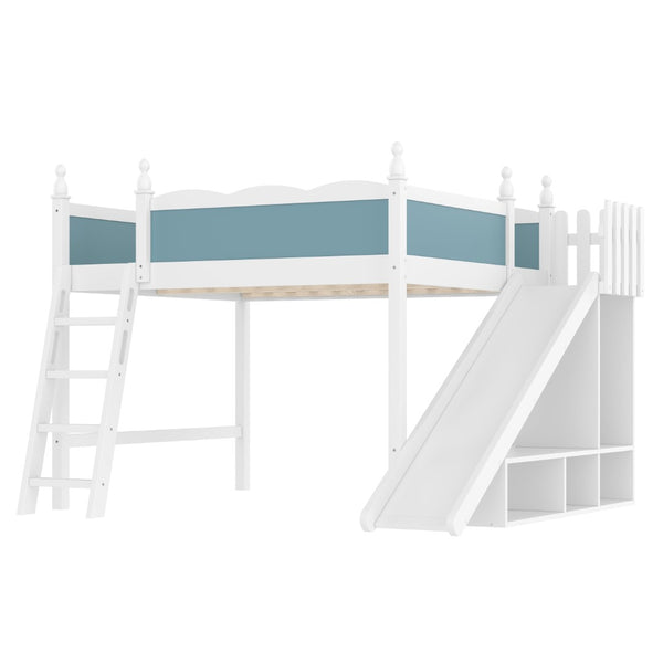 English Elm Queen Loft Bed With Storage Shelves, Fun Detachable Slide, Solid Wood Design, Blue & White Finish W1580S00249-GIGA