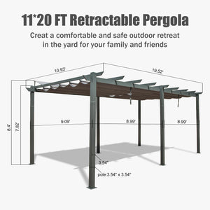 English Elm 11 11 X 20 FT Retractable Pergola with UV & Water-Resistant Dual Canopies, Aluminum Frame, Dark Gray W1859S00080