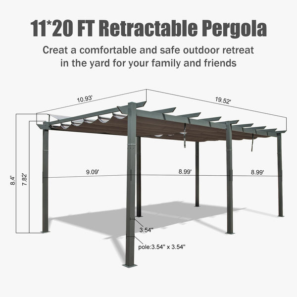 English Elm 11 11 X 20 FT Retractable Pergola with UV & Water-Resistant Dual Canopies, Aluminum Frame, Dark Gray W1859S00080