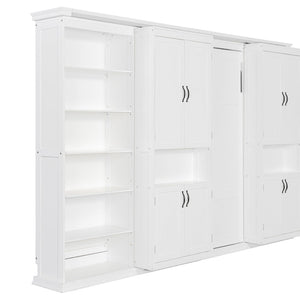 English Elm Full-size Murphy Wall Bed with Sliding Cabinets and Twelve Open Shelves for Studios White LP000919AAK