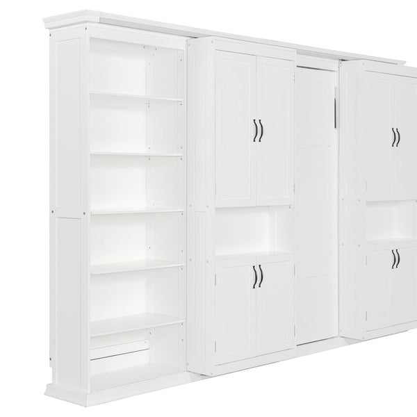 English Elm Full-size Murphy Wall Bed with Sliding Cabinets and Twelve Open Shelves for Studios White LP000919AAK