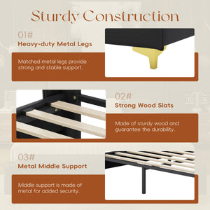 English Elm Christopher Knight Home® - King PU Leather Bed Frame with Wingback Headboard & Footboard, Gold Accents, Platform Slat Support, Elegant Design Black 77.5 L x 21 W x 5.25 H N761S0000012B