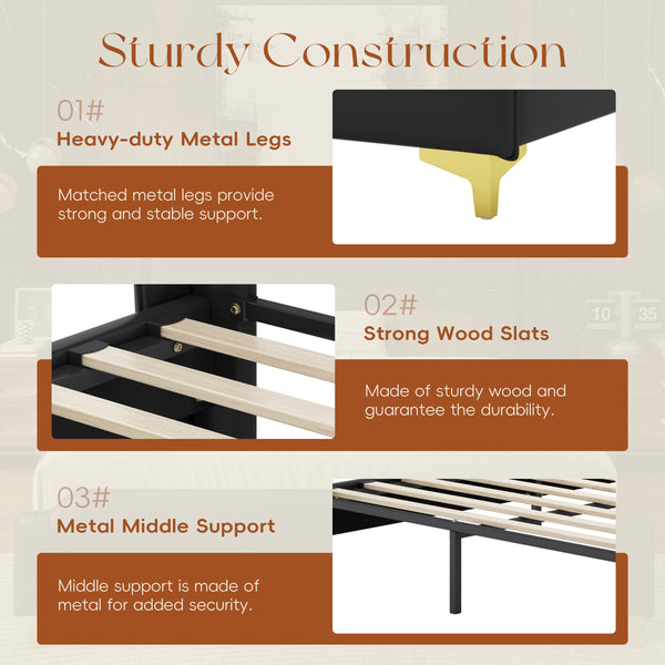 English Elm Christopher Knight Home® - King PU Leather Bed Frame with Wingback Headboard & Footboard, Gold Accents, Platform Slat Support, Elegant Design Black 77.5 L x 21 W x 5.25 H N761S0000012B