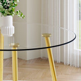 English Elm A Modern Minimalist Style Round Transparent Tempered Glass Table With Gold Metal Legs, Paired With 4 Modern Pu Leather High-Back Dining Chairs,Bring A Luxurious Experience.