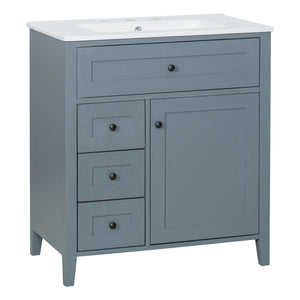 English Elm 30-Inch Contemporary Bathroom Vanity with Sink, MDF & Rubberwood, Glossy Finish, 3 Drawers + Cabinet Blue Gray N725P350819E