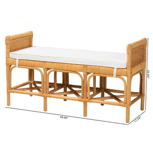 English Elm Modern Bohemian Rattan Bench with Woven Frame Open Shelf and Cushion for Entryway B2750P467674