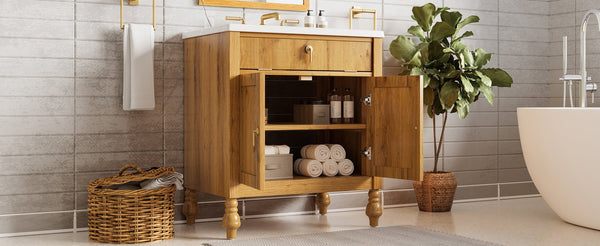 English Elm Christopher Knight Home® - 30-Inch Walnut Vanity with Seashell Resin Sink, Flip-Up Organizer, Soft-Close Doors & Legs Brown N765P33417576B
