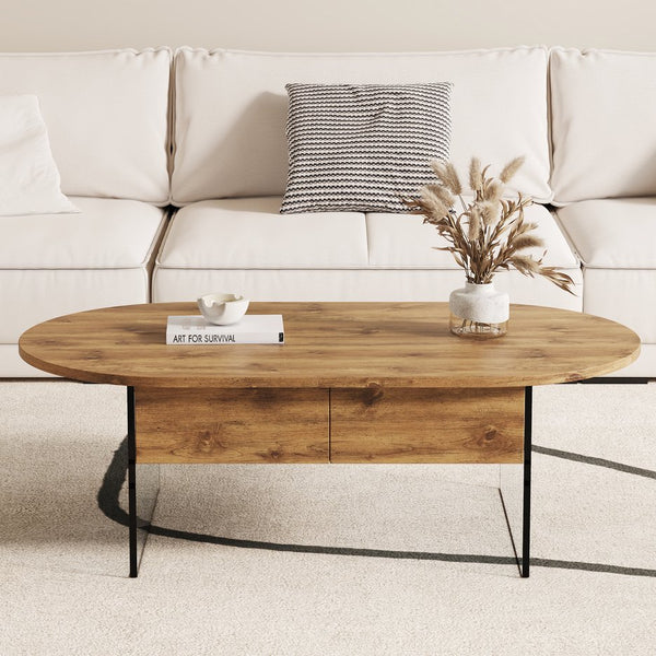 English Elm Coffee modern wood coffee table with double drawers, tempered glass sides, sleek storage & easy assembly W1151P191785