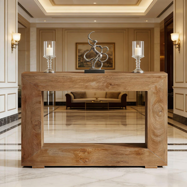 English Elm Entryway Console Table with Sculptural Stacked Wood Panels and Open Arc Base T3971P451449