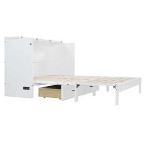 English Elm Queen Murphy Wall Bed with Usb Ports Storage Drawers and Cabinet Style Panel Front White N708S00010K-1