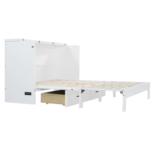 English Elm Queen Murphy Wall Bed with Usb Ports Storage Drawers and Cabinet Style Panel Front White N708S00010K-1