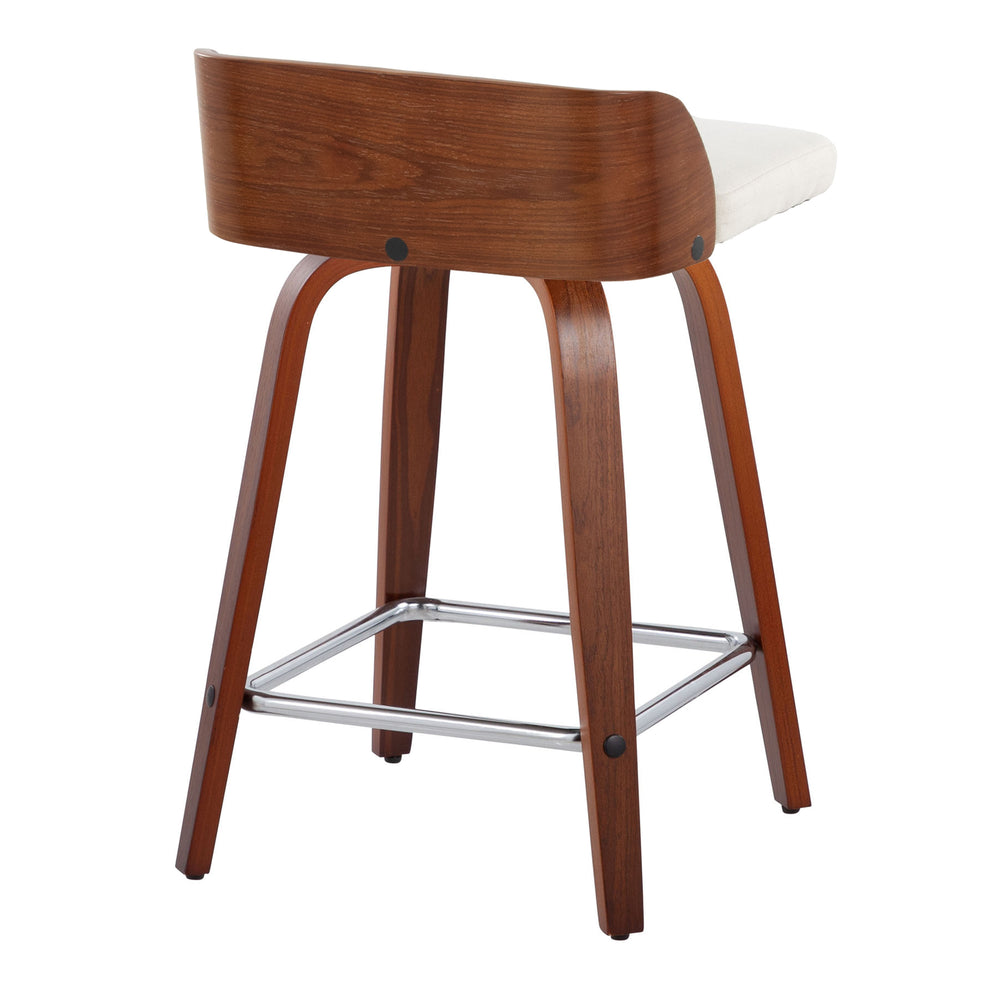 English Elm Maya 24" Mid-Century Counter Stools Set of 2 — Swivel Walnut Wood Legs, Cream Fabric, Chrome Footrest B202S00077