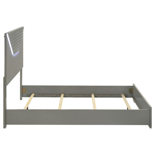 English Elm Pierce Grey High Gloss Queen Bed with Diamond Textured Panel and Touch LED Headboard, Modern Romantic Design B062S01369