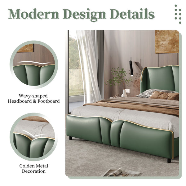 English Elm Christopher Knight Home® - Queen Plush Leather Upholstered Bed Frame with Wingback Headboard, Wavy Footboard, Quiet Support Dark Green 85.2 L x 9.8 W x 3.25 H N761S0000016F