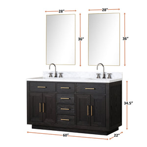 English Elm Black Oak Double Bath Vanity 60" W With Carrara Marble Top & Modern Frameless Mirrors For Elegance B2731S02137