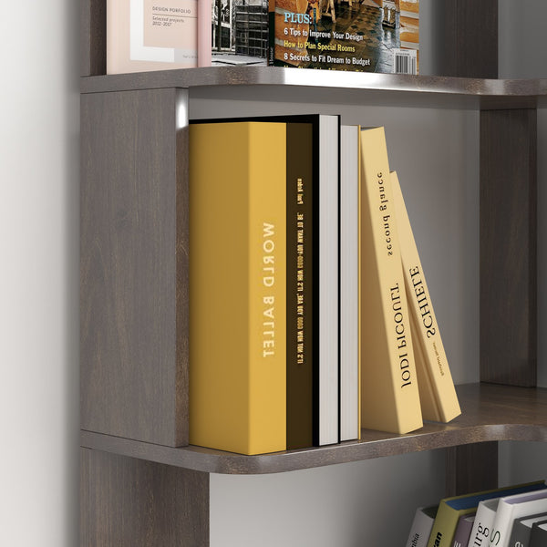 English Elm 6 Tier Freestanding L-Shaped Corner Bookshelf with Anti-Tip, Rounded Corners, 3D Wood Grain Finish Dark Brown W2899P372516