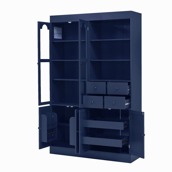 English Elm Topmax Shaker Buffet Hutch with Glass Doors Drawers and Pull-out Trays Blue SP000092AAC