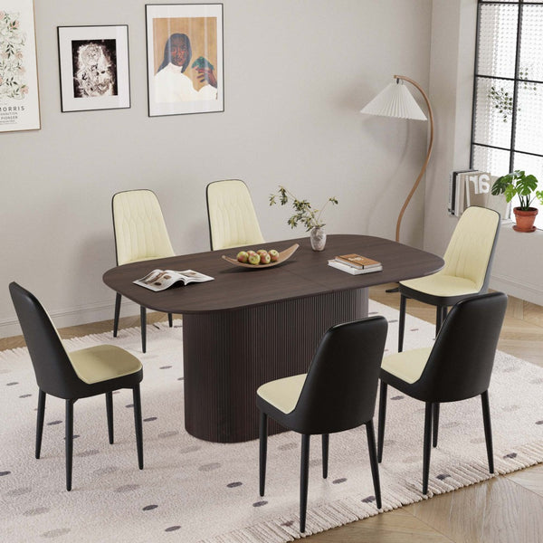English Elm 63 Inch Mdf Dining Table Set with Six Pu Upholstered Chairs and Black Metal Legs Beige+Brown,Black W2189S00865