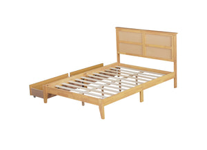 English Elm Full Full Size Bed with Rattan Headboard and Two Underbed Storage Drawers, Rubberwood Slat Support White Oak W504P269606