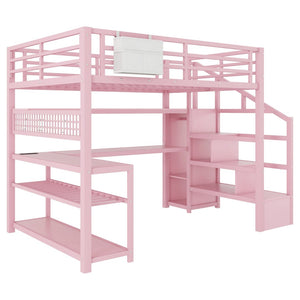 English Elm Full Size Steel Loft Bed with Staircase Storage Wardrobe Desk and Led Lighting Pink W2593S00077