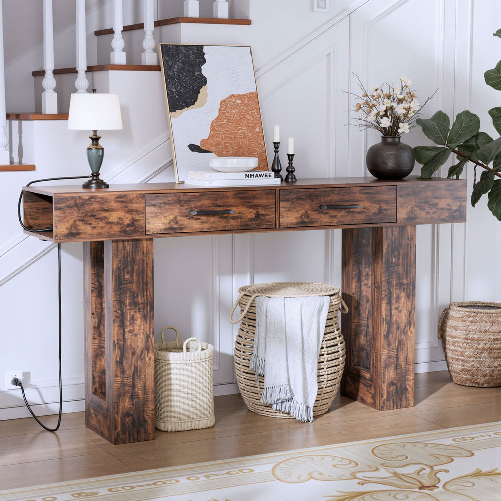 English Elm 63-Inch Farmhouse Console Table — 63" Long Sturdy Engineered MDF Entryway Sofa Hallway Display Surface Reddish Brown W1550P317447