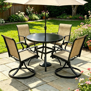 English Elm Outdoor Round Dining Set for Four with Mesh Swivel Chairs and Umbrella Hole Table W213S00058