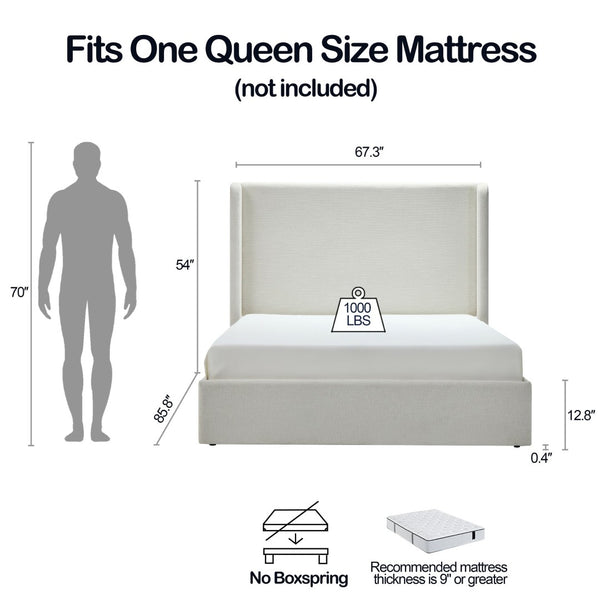 English Elm Carmen Wingback Queen Platform Bed Ivory Chenille Upholstered 54 Inch Tall Headboard B191P465408