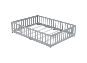 English Elm Full Size Rubberwood Floor Bed with Safety Guardrails and Latching Door for Toddlers Grey W504P429296