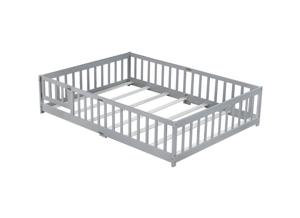 English Elm Full Size Rubberwood Floor Bed with Safety Guardrails and Latching Door for Toddlers Grey W504P429296