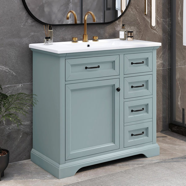 English Elm Christopher Knight Home® - 36" Bathroom Vanity with Ceramic Sink, Soft-Close Doors, 4 Drawers & Ample Storage, Freestanding Grey N759P223021E