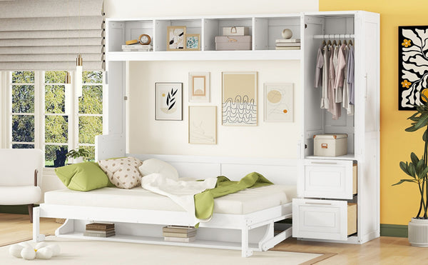 English Elm Queen Murphy Wall Bed with Integrated Wardrobe and Drawers for Studio or Guest Room White LP000793AAK-3