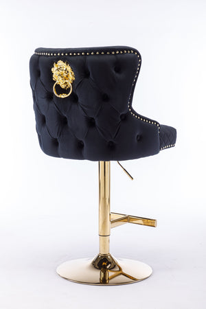 English Elm Hengming Velvet Bar Chair Stool with Plush Sponge Cushion, Gold Lion Head Pull & T‑Leg Base Gorgeous Finish and Anti‑Skid Feet (Set of 1) Black W212P156698