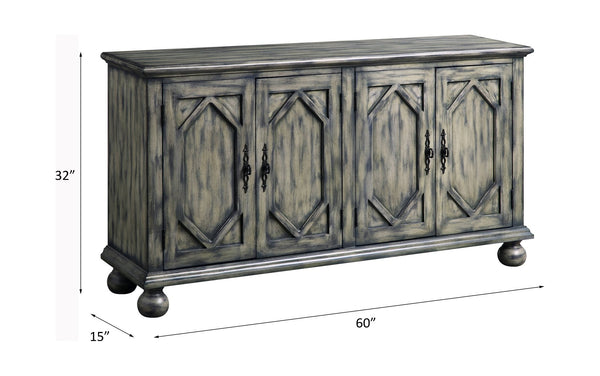 English Elm Pavan Rustic Gray Console Cabinet with Patterned Doors, 4-Shelf Storage, Turned Legs, KD Assembly, 28"L x 12"D B2726P256291