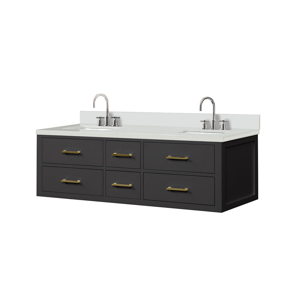English Elm Black 60-inch Double Bath Vanity with White Quartz Top, Solid Wood Frame, Soft-Close Drawers & Chrome Faucets B2731P258039