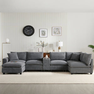 English Elm 139'' U-shaped Corduroy Sectional with Ottoman Console Usb Port and Cup Holders for Living Gray N723S1166E