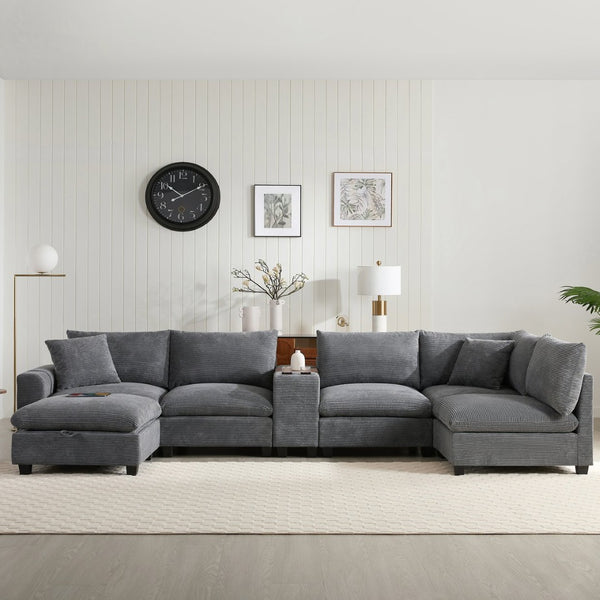 English Elm 139'' U-shaped Corduroy Sectional with Ottoman Console Usb Port and Cup Holders for Living Gray N723S1166E