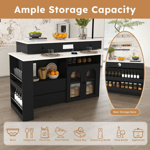 English Elm Kitchen Island Marble Veneer Retro Style Rotating Expandable Top Built-in Outlets Mdf Black W2700S00119