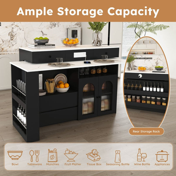 English Elm Kitchen Island Marble Veneer Retro Style Rotating Expandable Top Built-in Outlets Mdf Black W2700S00119