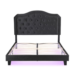 English Elm Upholstered Diamond Button Tufted Platform Bed with Velvet, LED Ambient Lighting, Sturdy Slats Black 65.75 L x 34.43 W x 4.72 H W2297P268385