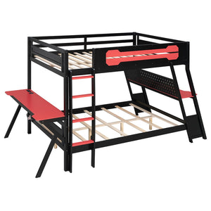 English Elm Full Size Gaming Bunk Bed with Dual Desks Usb Charging Ports and Pegboard Storage Red LT000274AAR