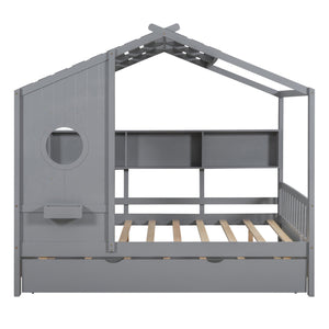 English Elm Wooden Full Size House Bed with Trundle and Built-In Shelves — Modern Pine Frame, Whimsical Roof Design Gray 57.2 L x 16.25 W x 5.9 H N733S316125E