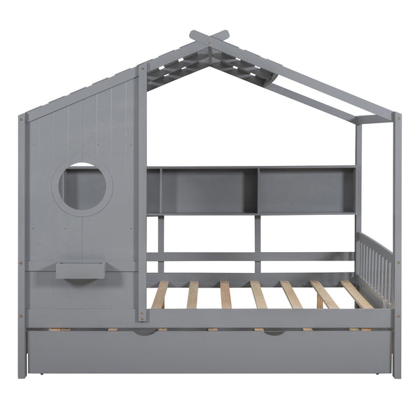English Elm Wooden Full Size House Bed with Trundle and Built-In Shelves — Modern Pine Frame, Whimsical Roof Design Gray 57.2 L x 16.25 W x 5.9 H N733S316125E
