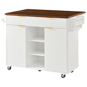 English Elm K&k Fluted Rolling Kitchen Island Faux Marble Top Power Outlet Drop Leaf Storage White N707S000019W