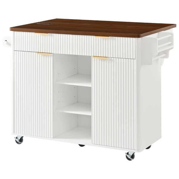 English Elm K&k Fluted Rolling Kitchen Island Faux Marble Top Power Outlet Drop Leaf Storage White N707S000019W