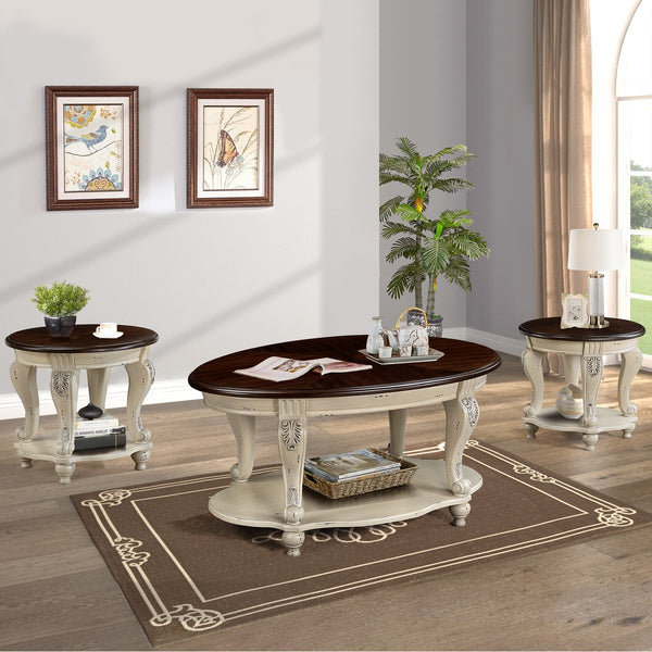 English Elm Living Room Coffee Table Set with Distressed Chipped Wood Top, Solid Wood Legs, Heat-Resistant Veneer Beige W1202S00001