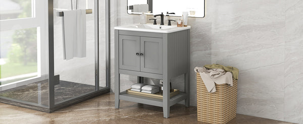 English Elm 24" Modern Sleek Bathroom Vanity with Ceramic Sink, Solid Wood Frame, Waterproof Finish and Open Shelf Storage Grey N725P246473E