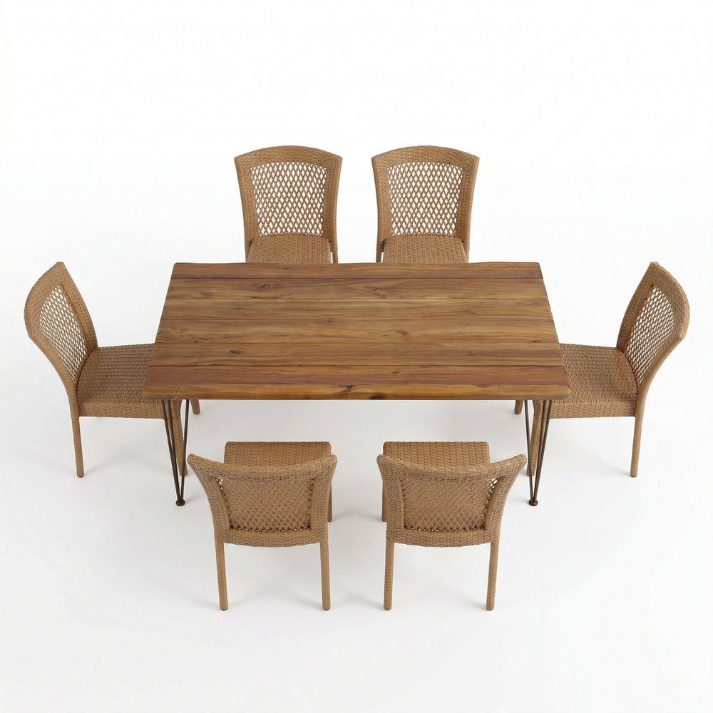 English Elm 7 Piece Outdoor Dining Set Acacia Wood Live Edge Table Woven Rattan Chairs Patio N762S000027AAA